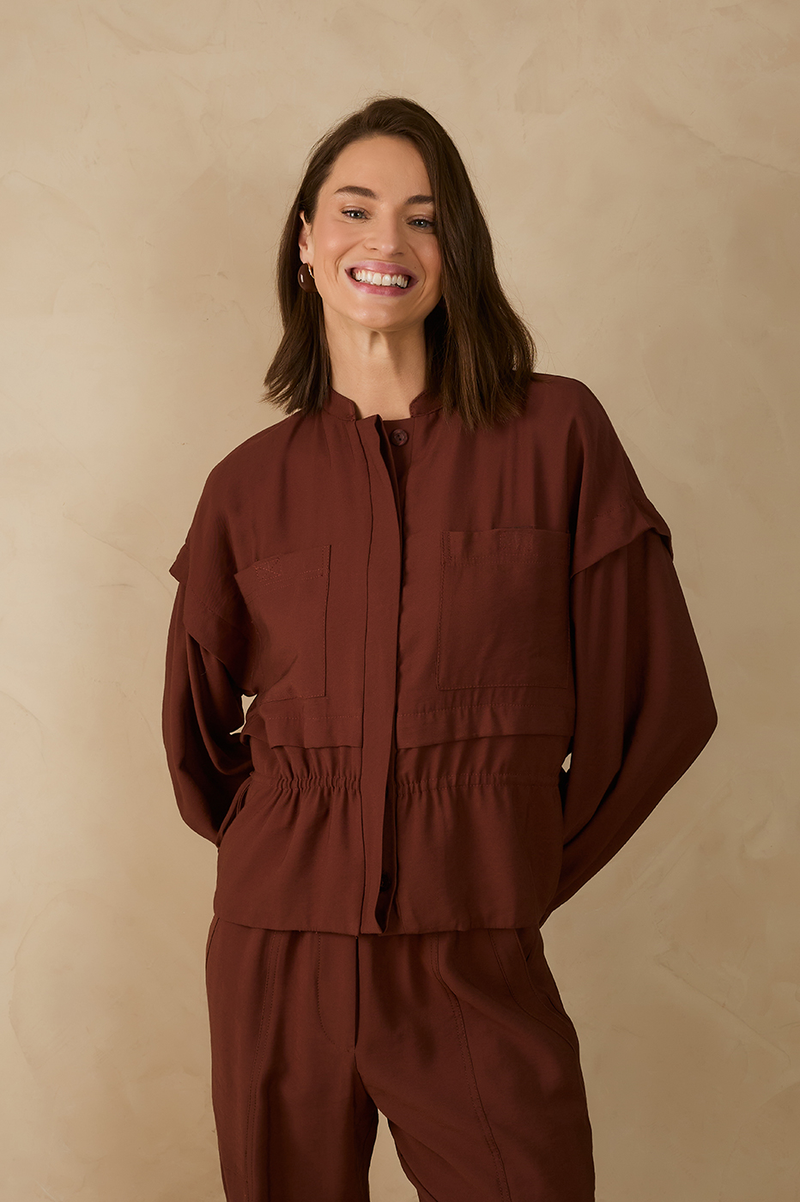 Brown Caffeine Drawstring Overlay Parka Jacket_1