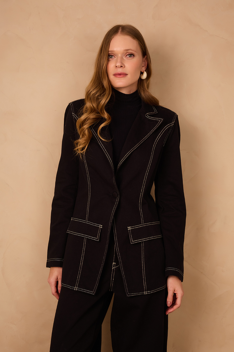 Black Notched Lapel Buttoned Twill Blazer_1