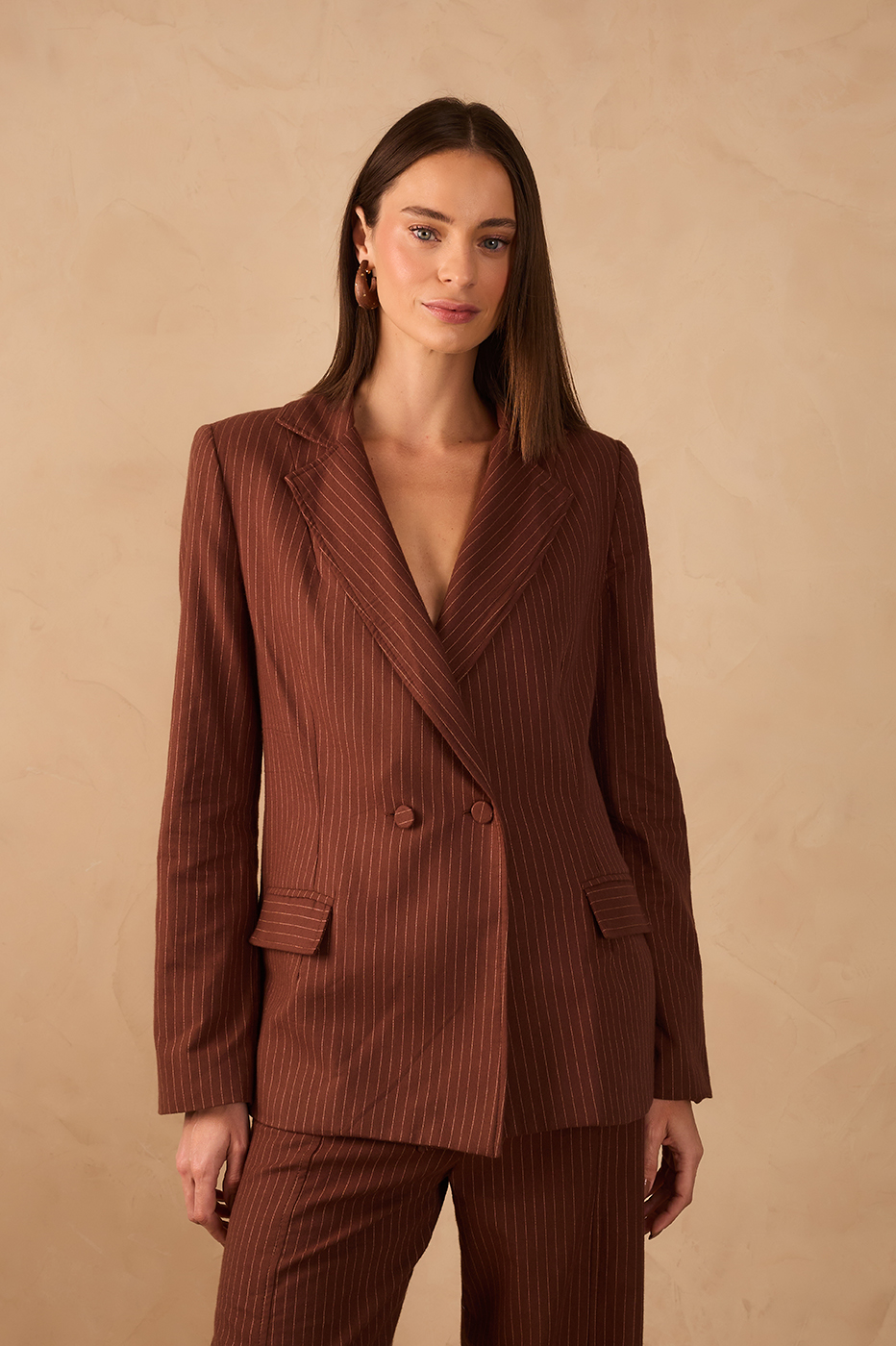 Brown Pinstripe Notched Lapel Buttoned Blazer