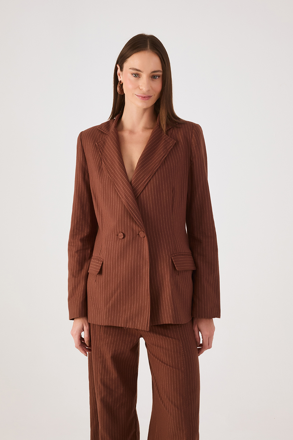 Brown Pinstripe Notched Lapel Buttoned Blazer