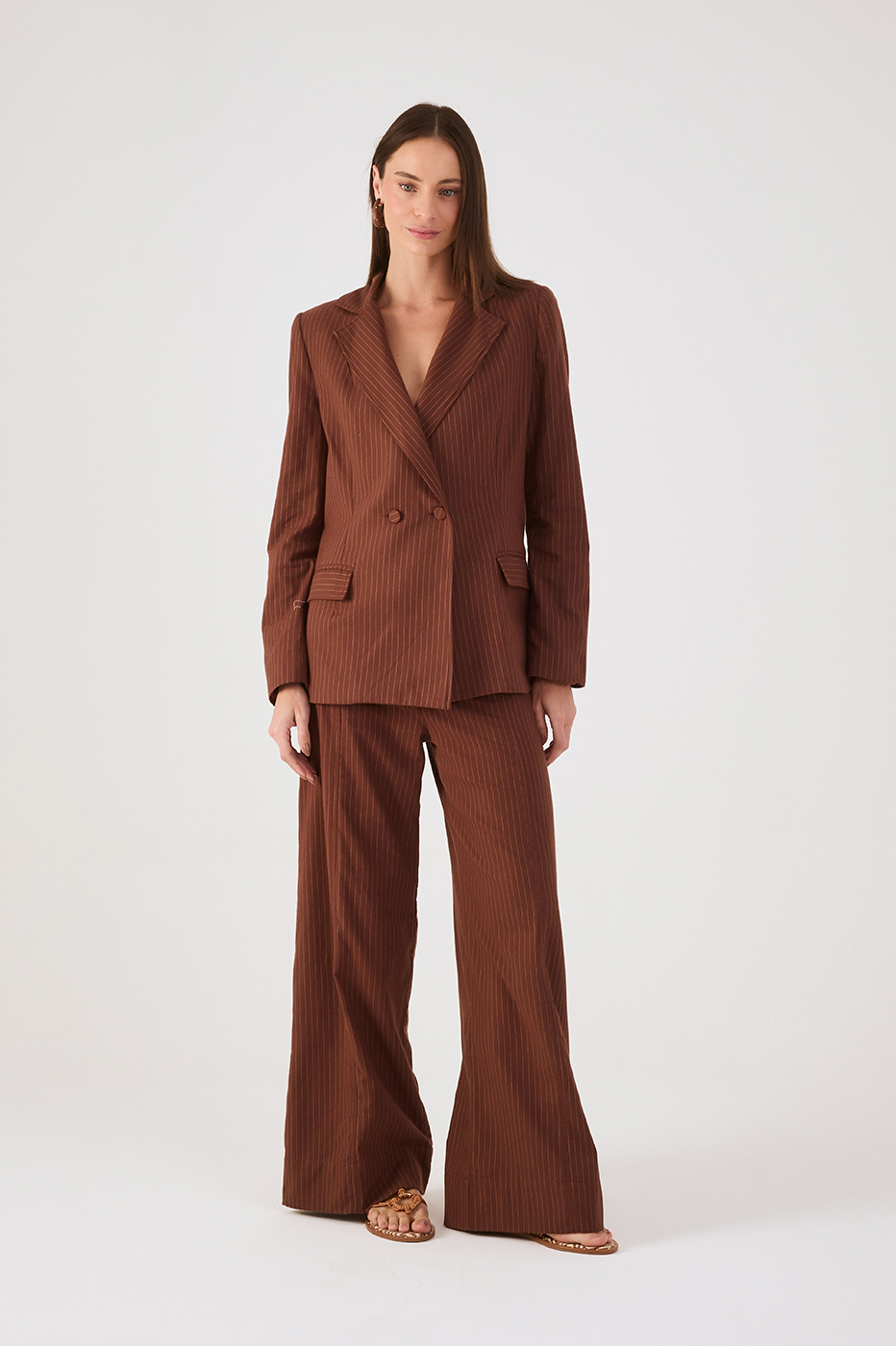 Brown Pinstripe Notched Lapel Buttoned Blazer
