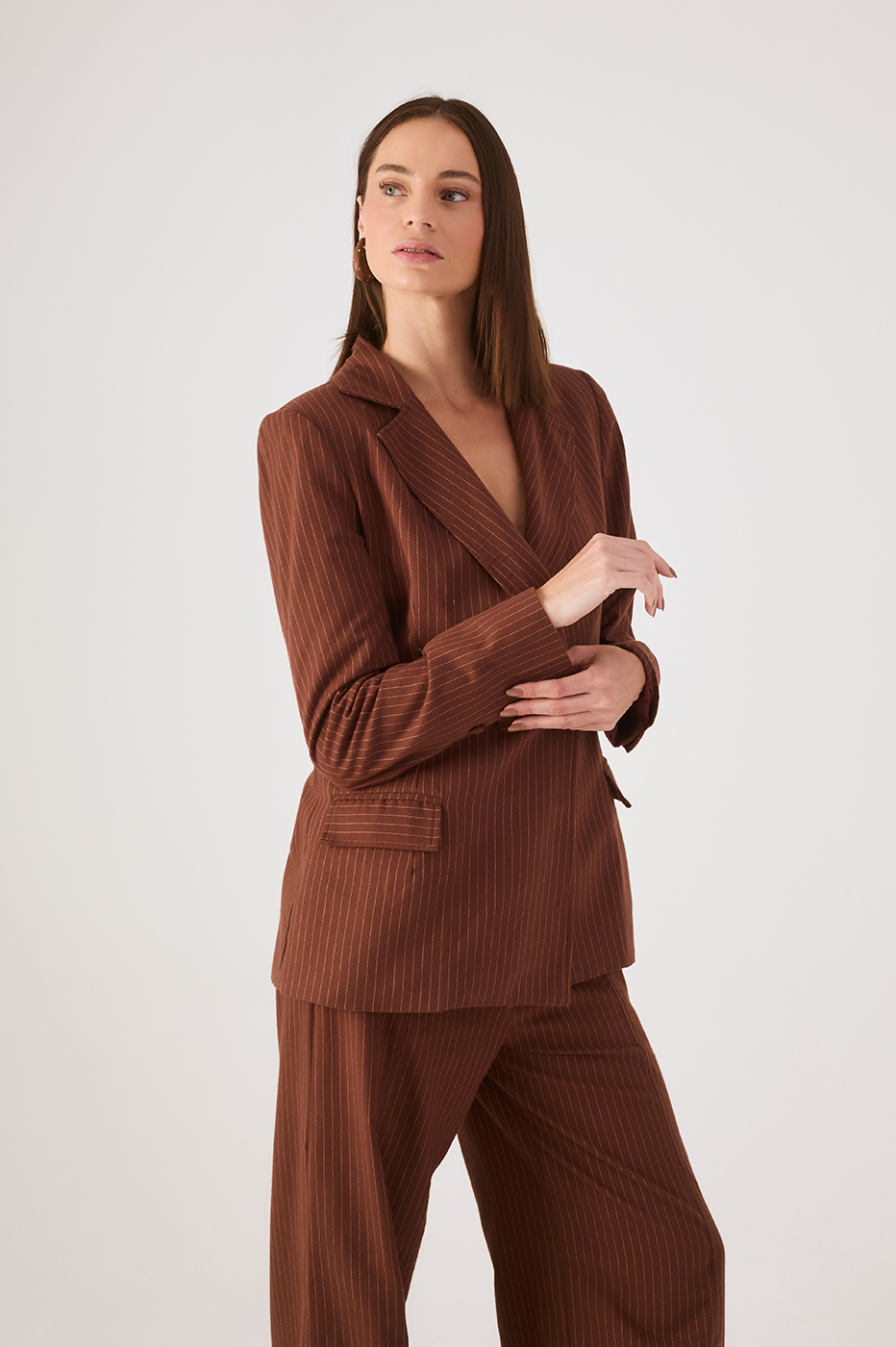 Brown Pinstripe Notched Lapel Buttoned Blazer