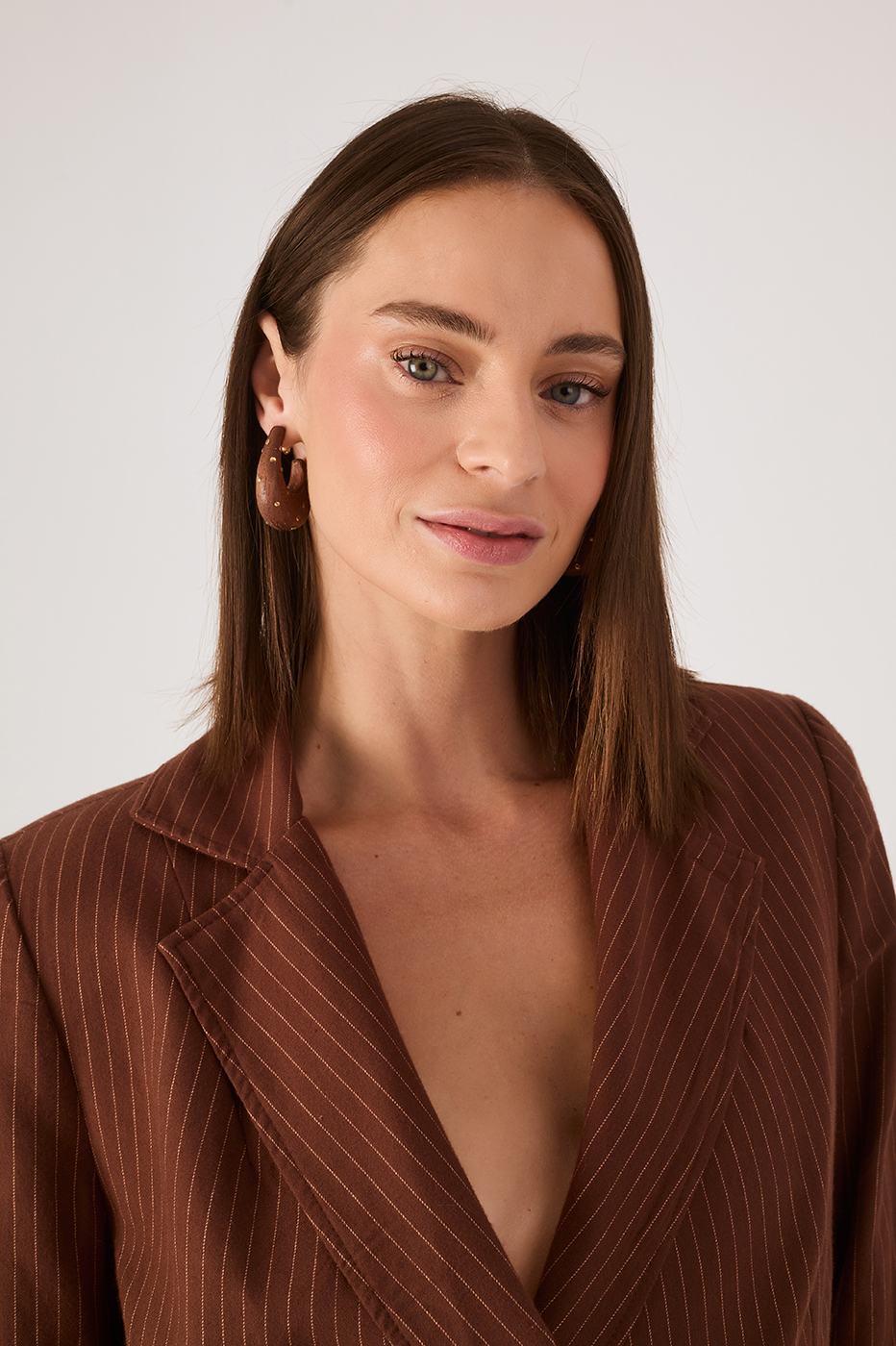 Brown Pinstripe Notched Lapel Buttoned Blazer