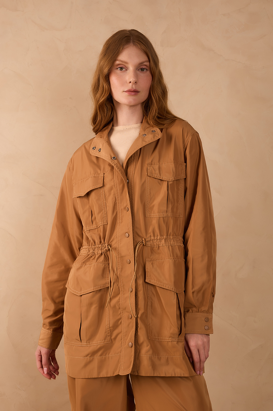 Beige Leme Adjustable Waist Buttoned Large Pockets Parka Jacket