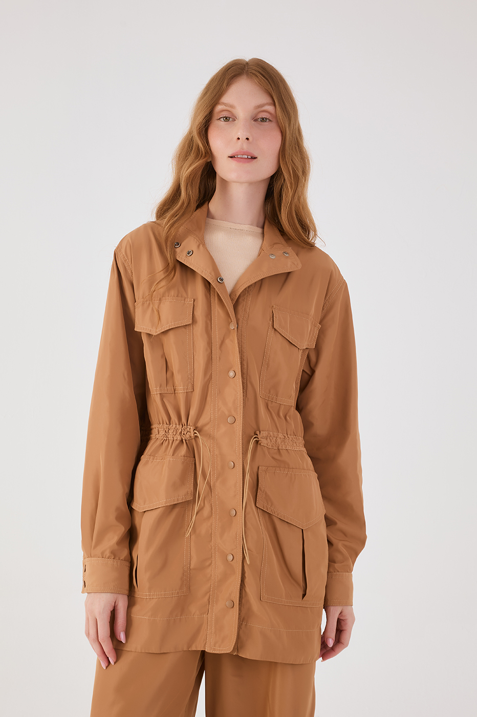 Beige Leme Adjustable Waist Buttoned Large Pockets Parka Jacket