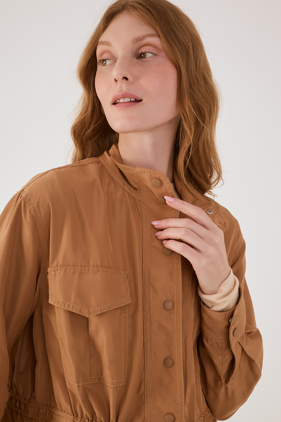 Beige Leme Adjustable Waist Buttoned Large Pockets Parka Jacket
