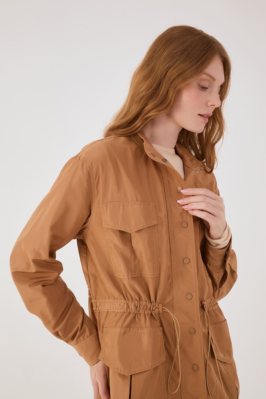 Beige Leme Adjustable Waist Buttoned Large Pockets Parka Jacket