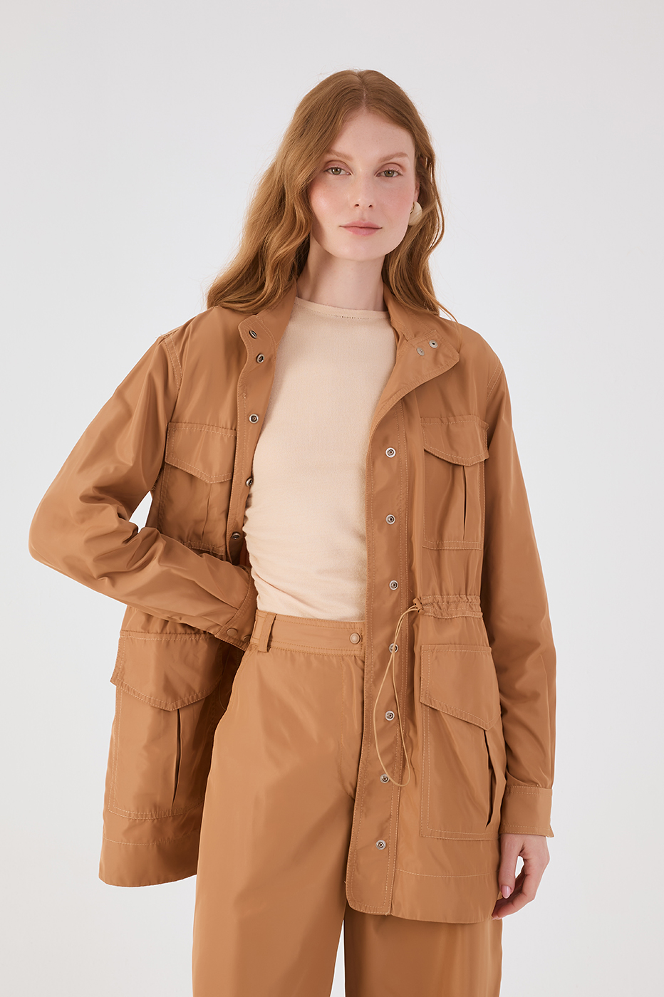 Beige Leme Adjustable Waist Buttoned Large Pockets Parka Jacket