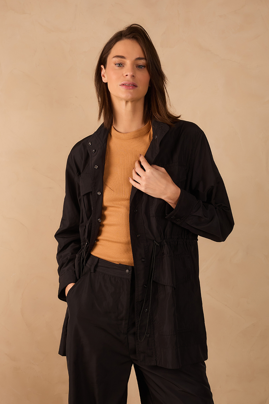 Black Adjustable Waist Buttoned Large Pockets Parka Jacket