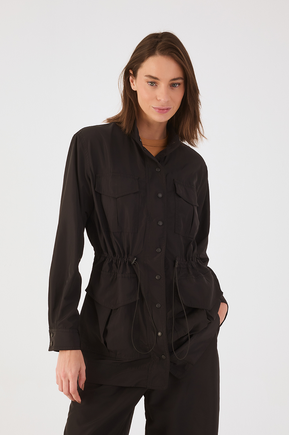 Black Adjustable Waist Buttoned Large Pockets Parka Jacket