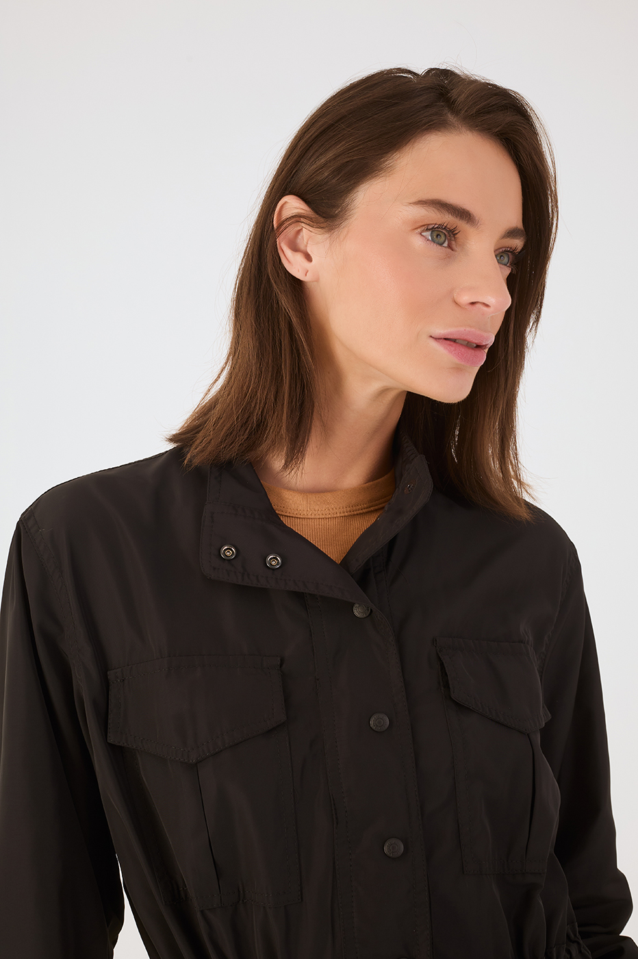 Black Adjustable Waist Buttoned Large Pockets Parka Jacket