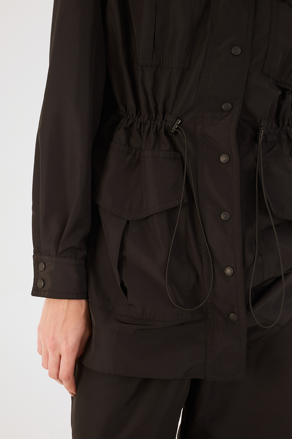 Black Adjustable Waist Buttoned Large Pockets Parka Jacket