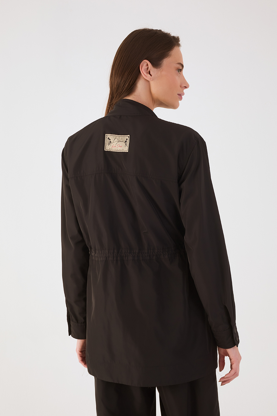 Black Adjustable Waist Buttoned Large Pockets Parka Jacket
