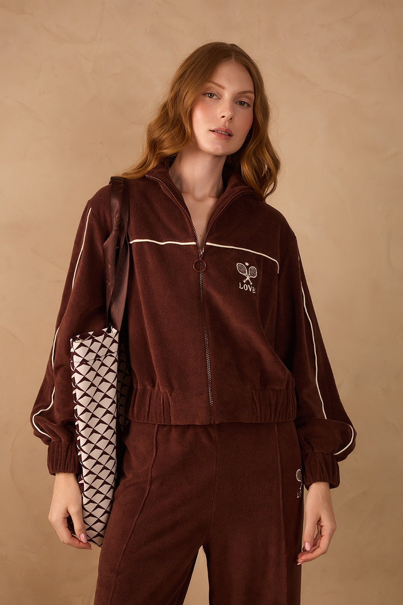 Brown Love Embroidered Front Zipper Fleece Jacket_1