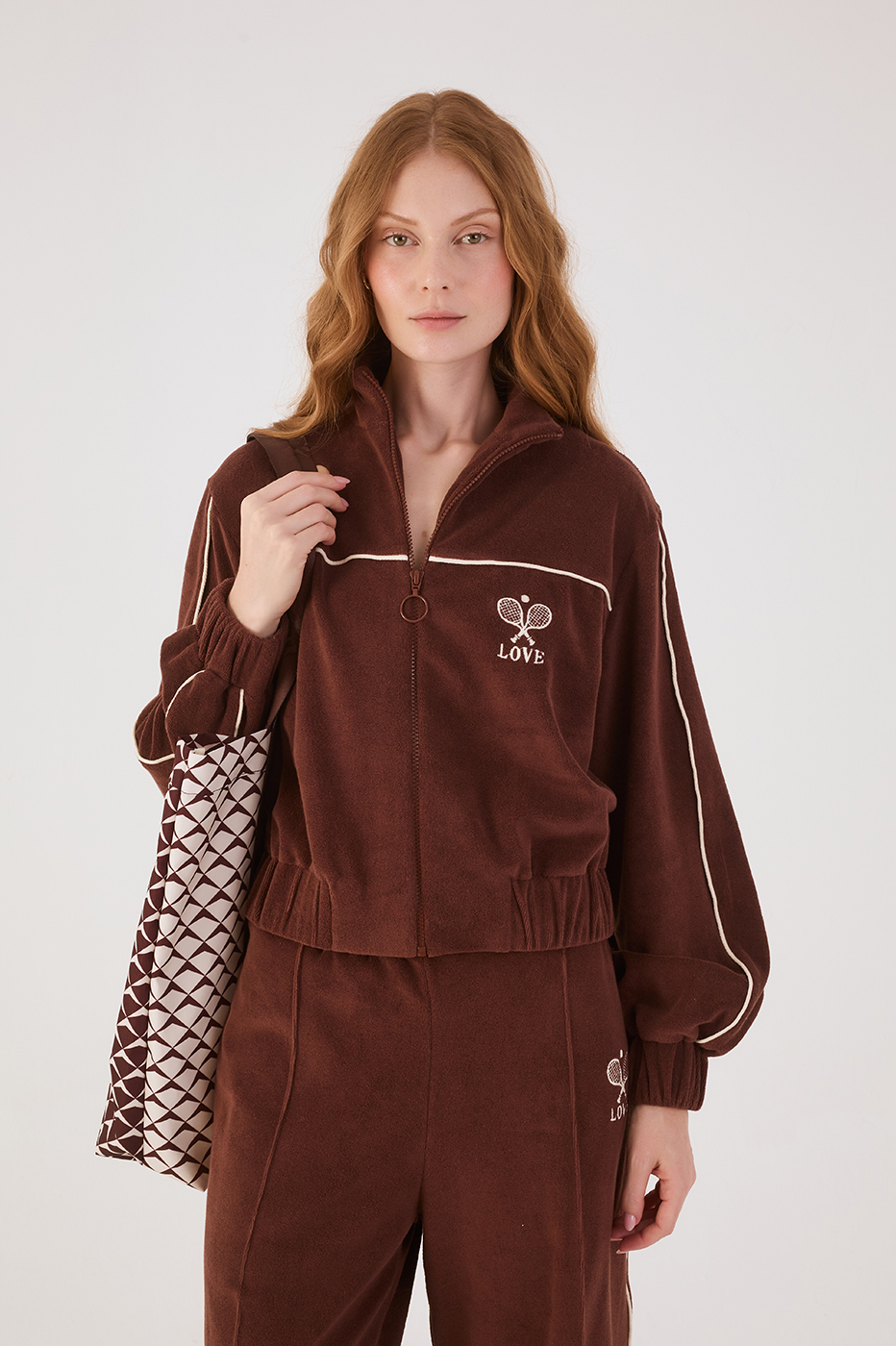 Brown Love Embroidered Front Zipper Fleece Jacket