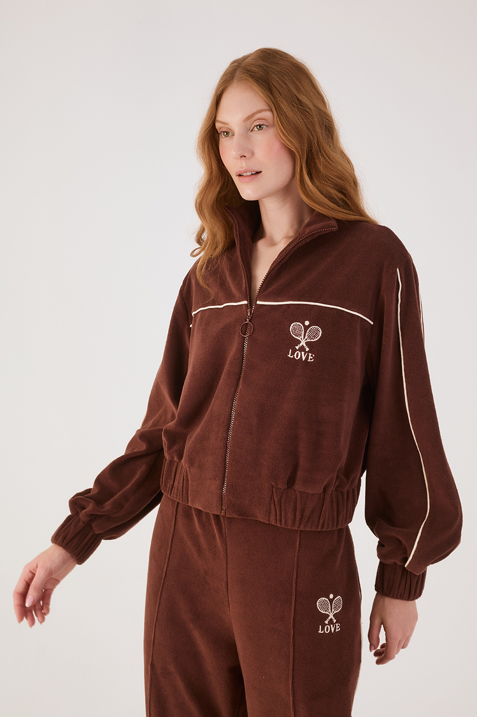 Brown Love Embroidered Front Zipper Fleece Jacket