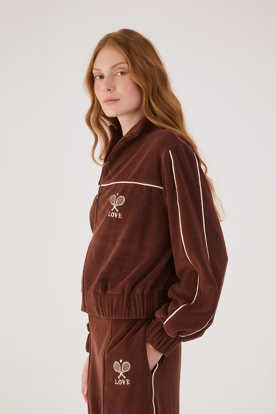 Brown Love Embroidered Front Zipper Fleece Jacket