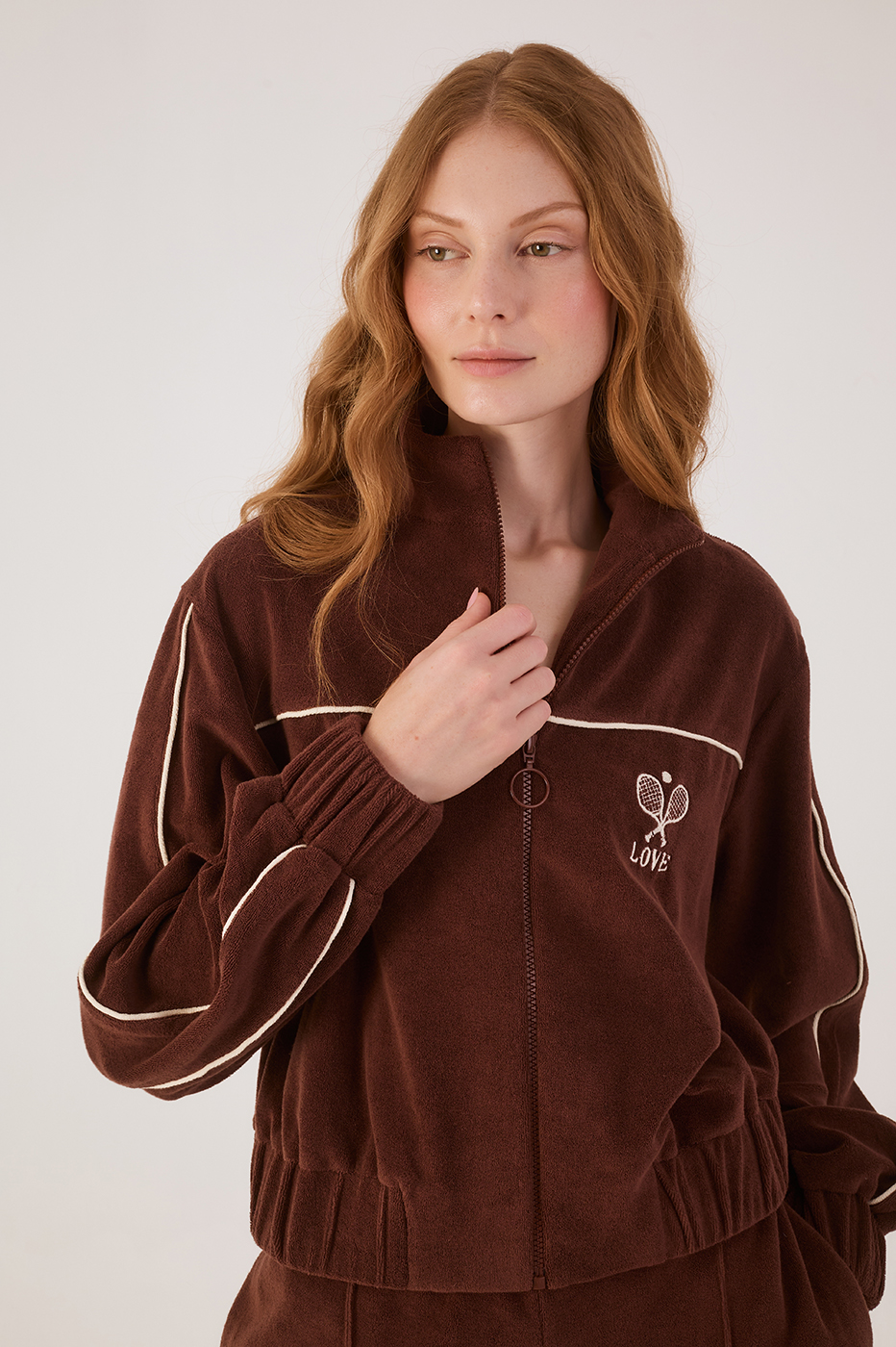 Brown Love Embroidered Front Zipper Fleece Jacket