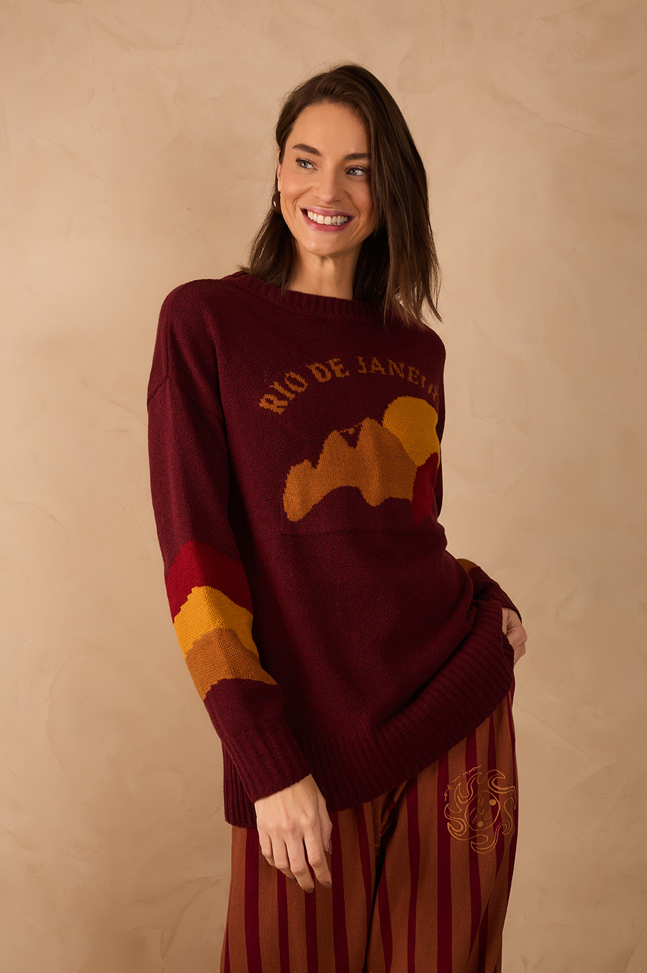 Wine Bossa Rio Jacquard Dropped Shoulder Tricot Sweater