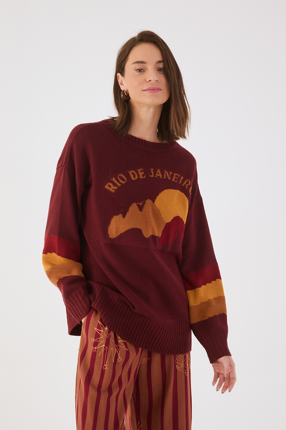 Wine Bossa Rio Jacquard Dropped Shoulder Tricot Sweater