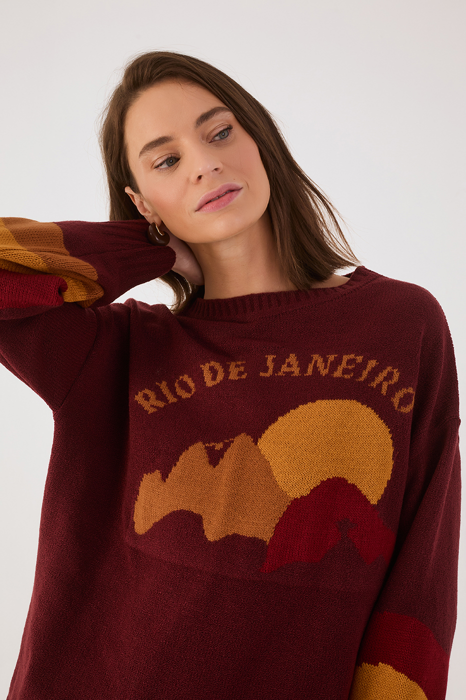 Wine Bossa Rio Jacquard Dropped Shoulder Tricot Sweater