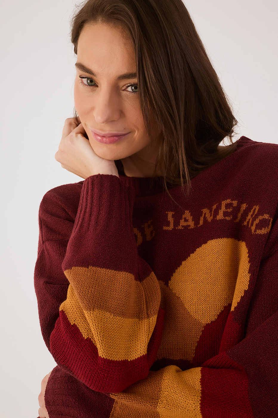 Wine Bossa Rio Jacquard Dropped Shoulder Tricot Sweater