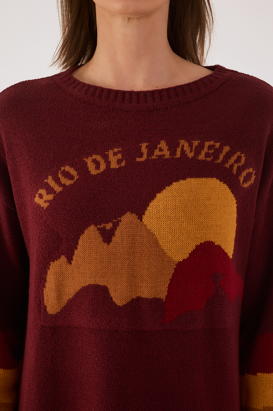 Wine Bossa Rio Jacquard Dropped Shoulder Tricot Sweater