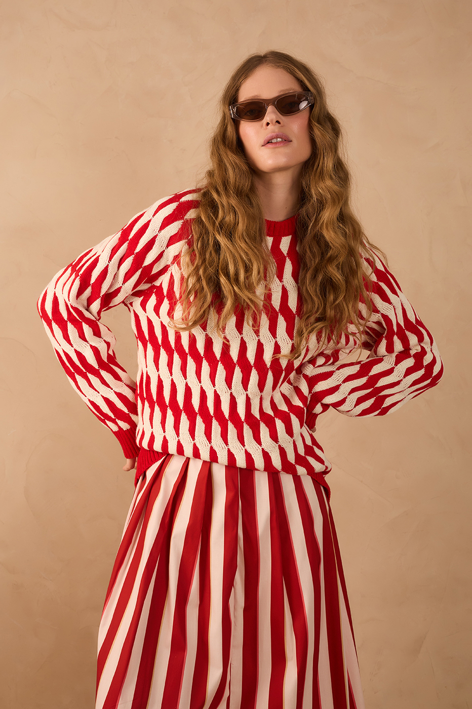 Red Stripes Crew Neck Long Sleeve Tricot Cardigan