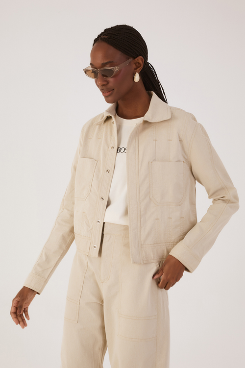 Beige Areia Collared Front Pockets Twill Jacket