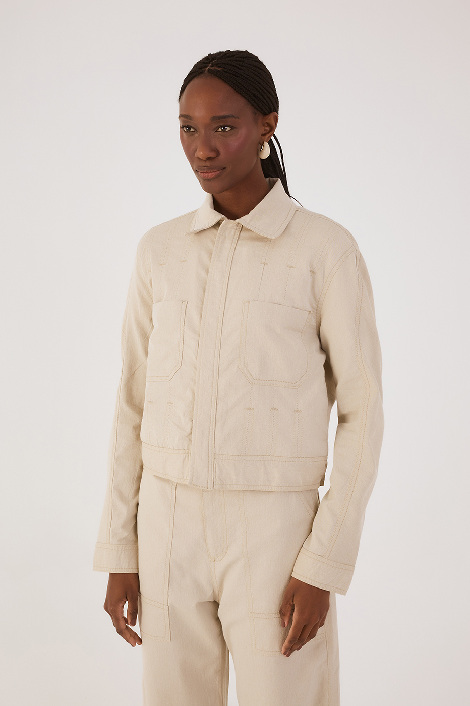 Beige Areia Collared Front Pockets Twill Jacket