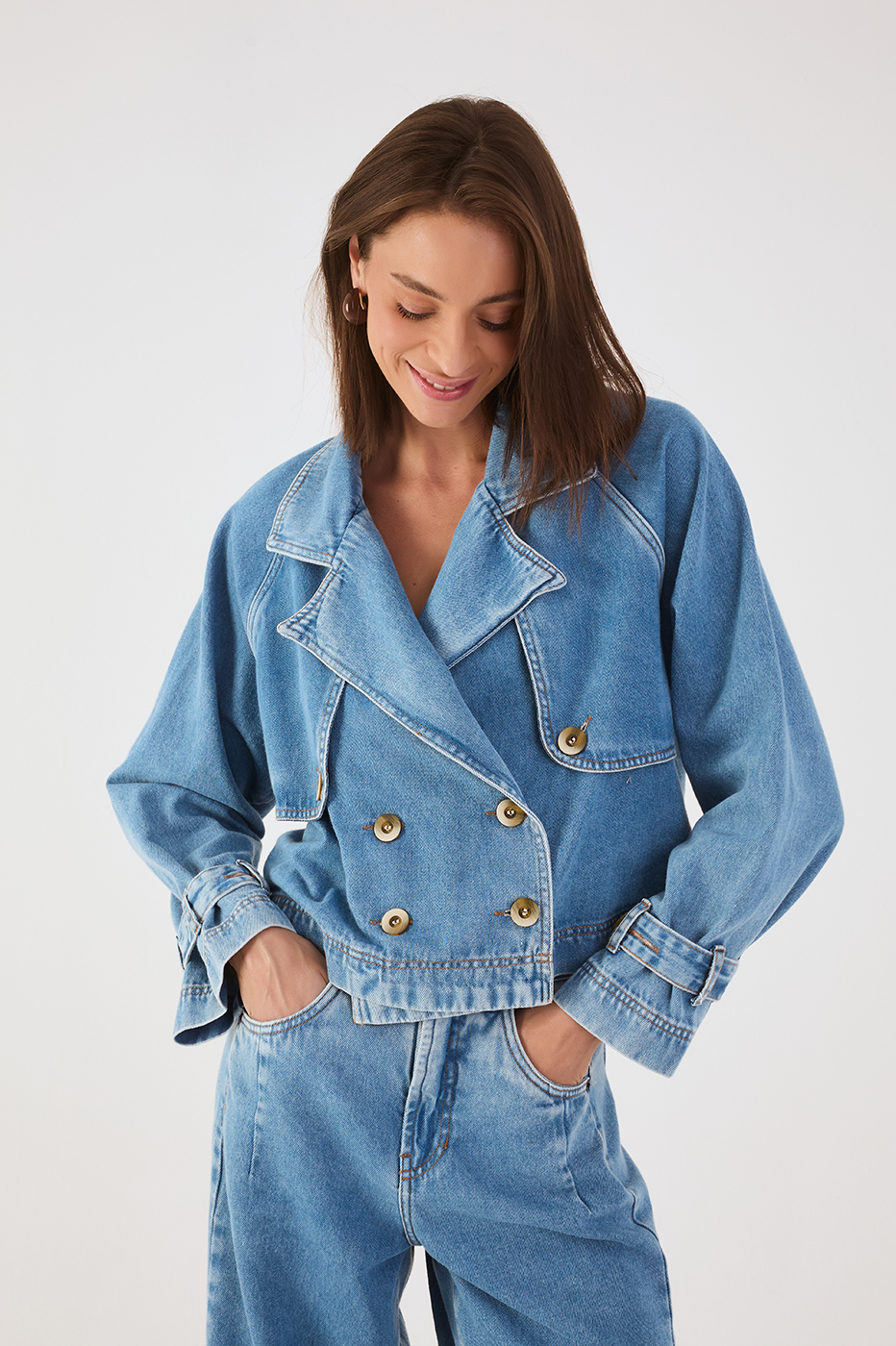 Denim Notched Lapel Buttoned Crop Trench Coat