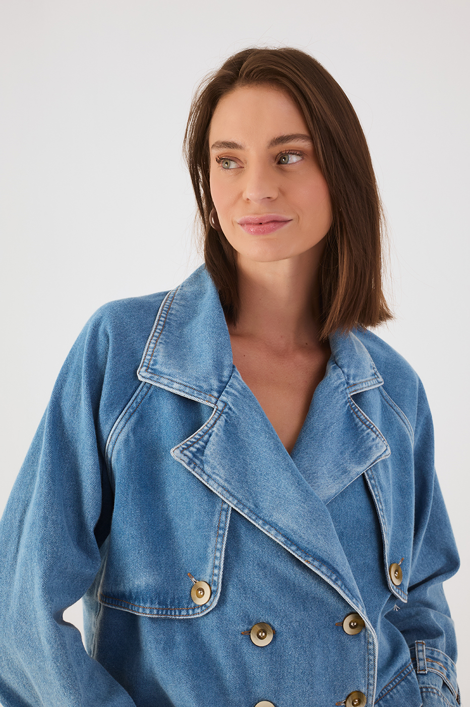 Denim Notched Lapel Buttoned Crop Trench Coat