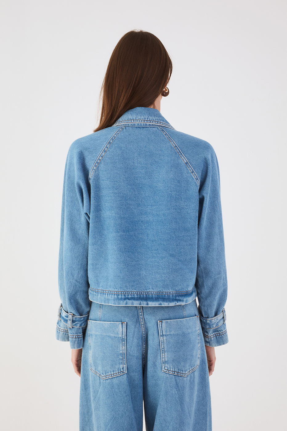 Denim Notched Lapel Buttoned Crop Trench Coat