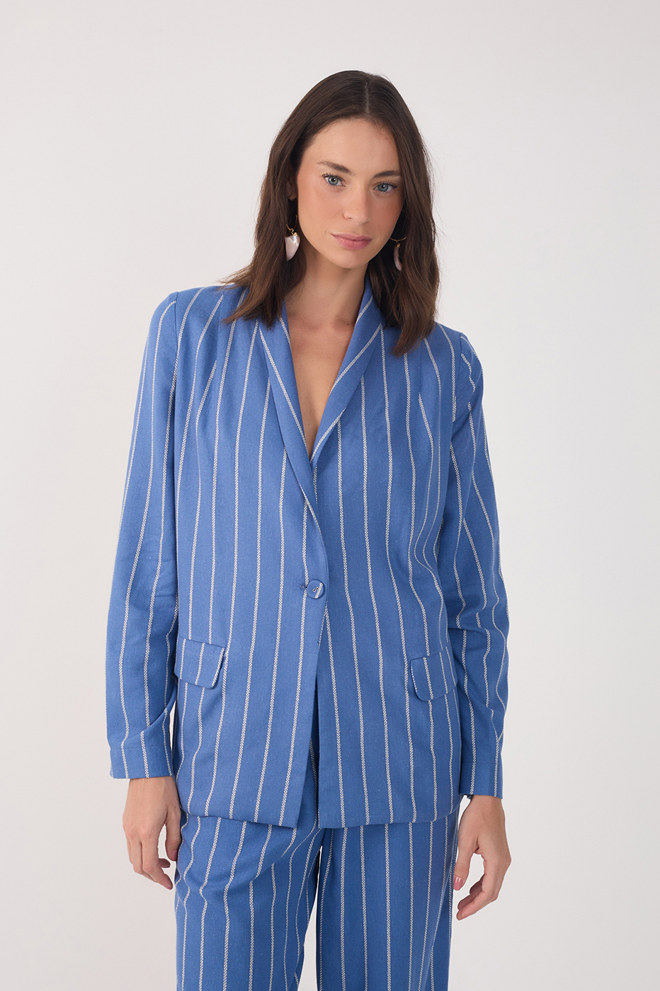 Blue Stripes Lapel Buttoned Linen Blazer_2
