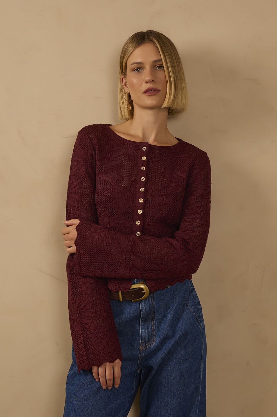 Floral Buttoned Tricot Jacquard Cardigan_1