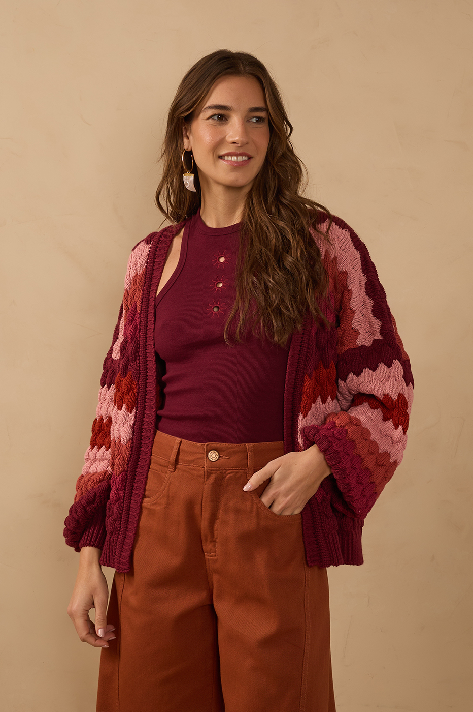Multicolor Textured Puff Sleeve Tricot Cardigan_1