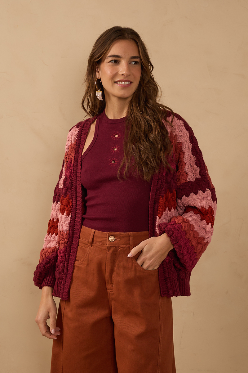 Multicolor Puff Sleeve Tricot Cardigan_1