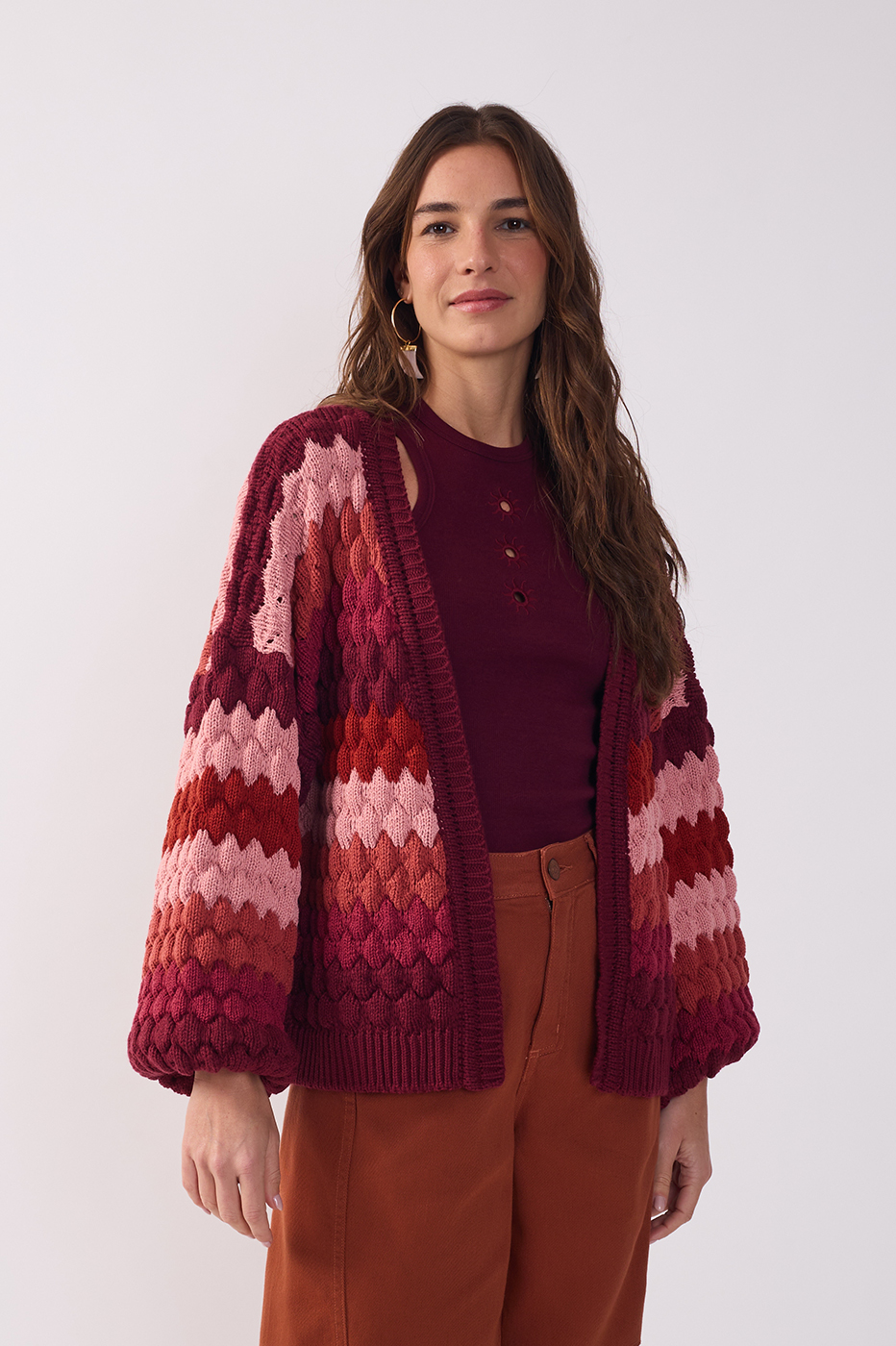 Multicolor Textured Puff Sleeve Tricot Cardigan_2
