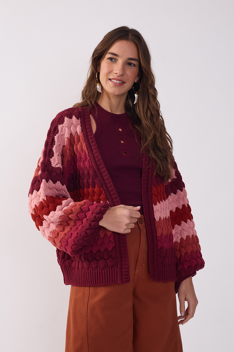 Multicolor Textured Puff Sleeve Tricot Cardigan_3