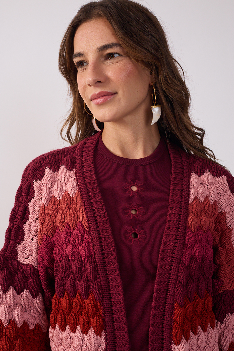 Multicolor Textured Puff Sleeve Tricot Cardigan_4