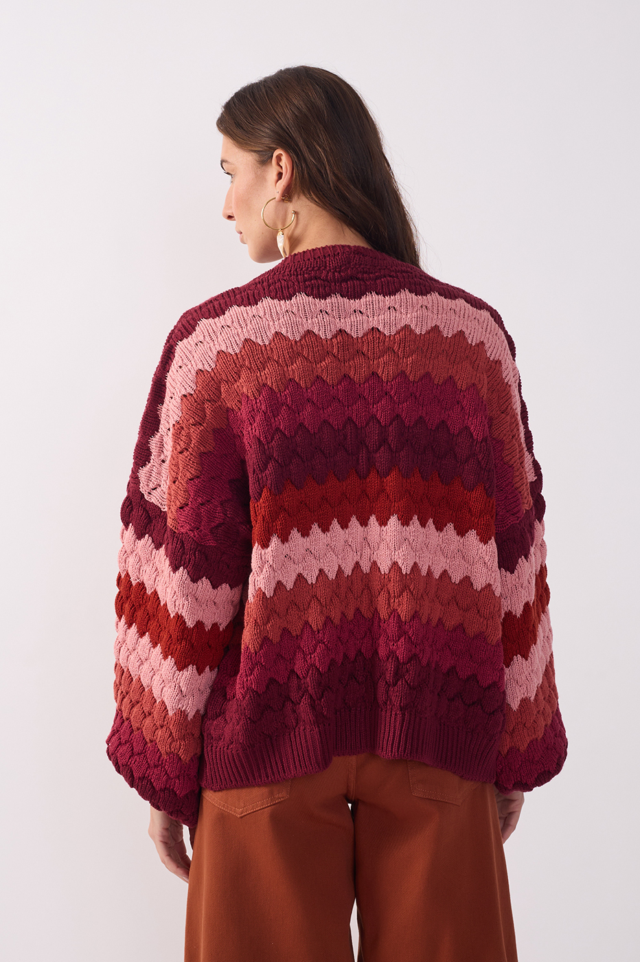 Multicolor Textured Puff Sleeve Tricot Cardigan_5