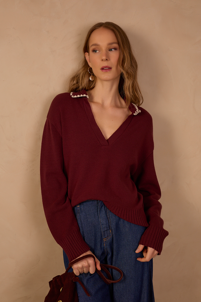 Contrast-Collar Polo Sweater_1