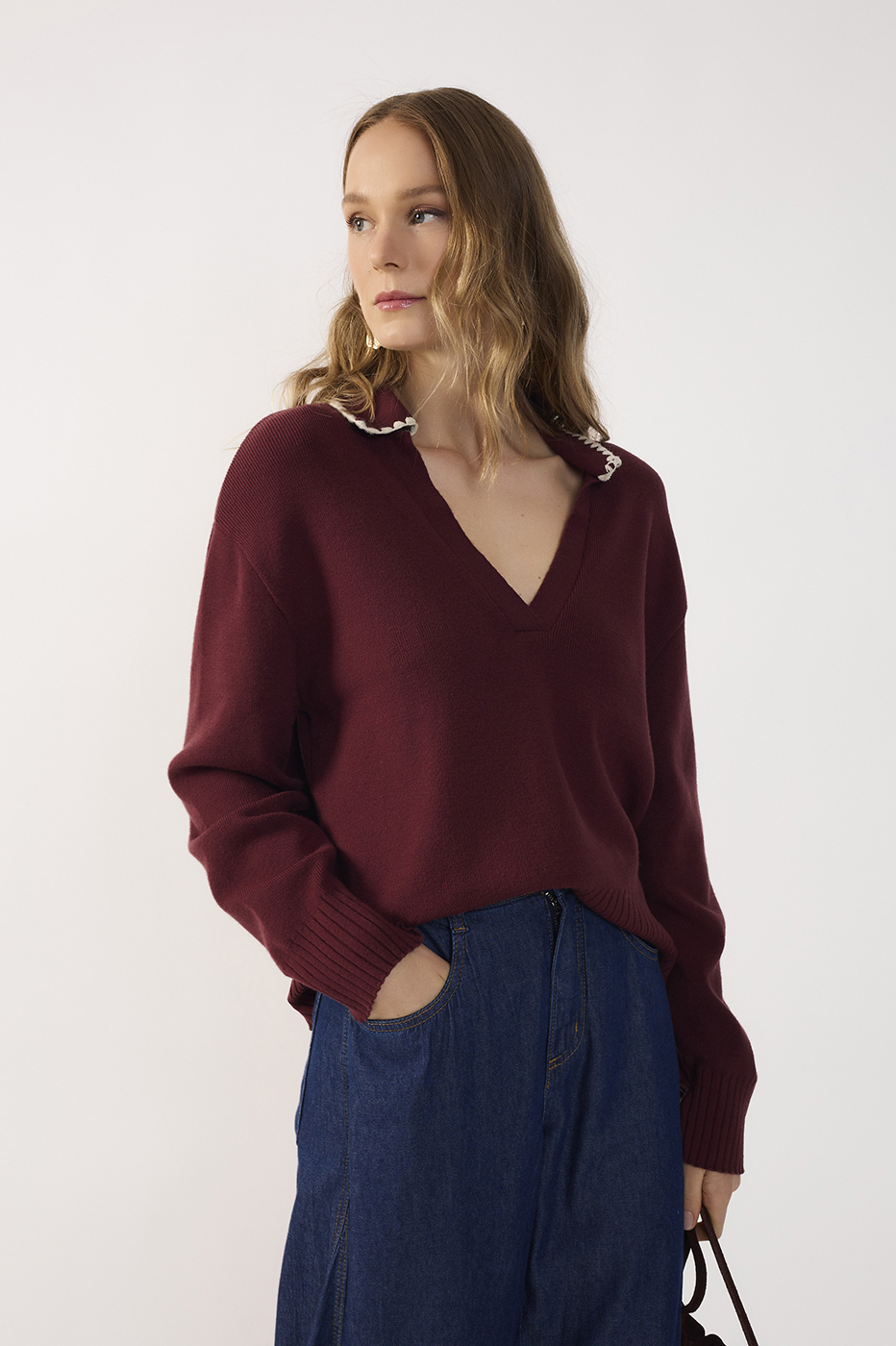 Contrast-Collar Polo Sweater_2