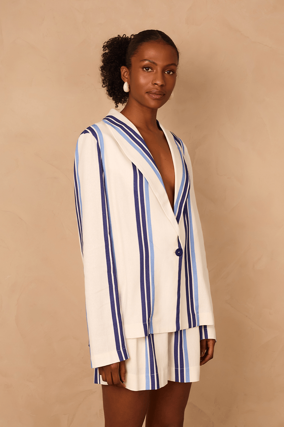 Blue Stripes Joa Lapel Button Linen Blazer
