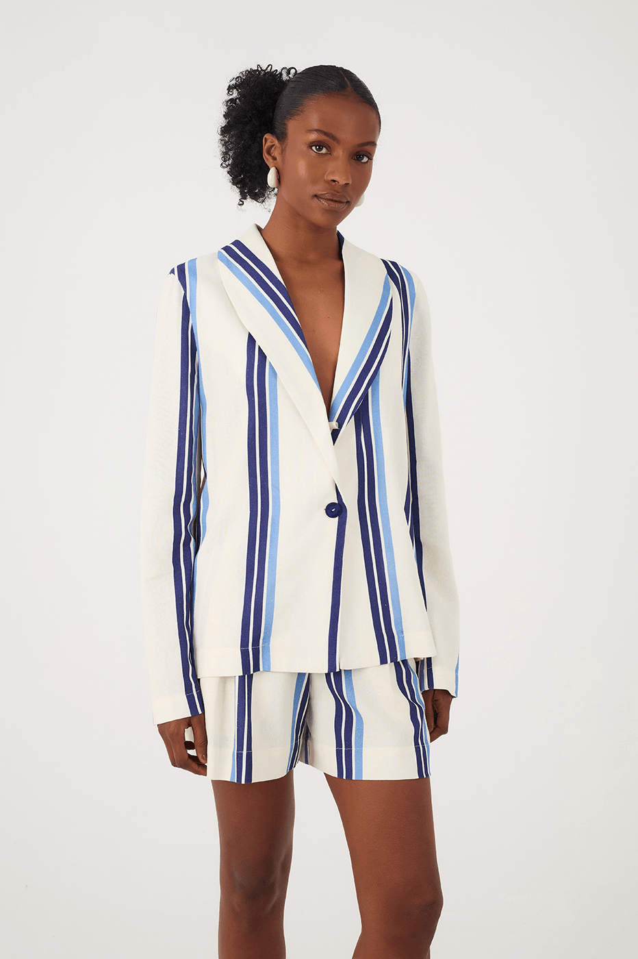 Blue Stripes Joa Lapel Button Linen Blazer