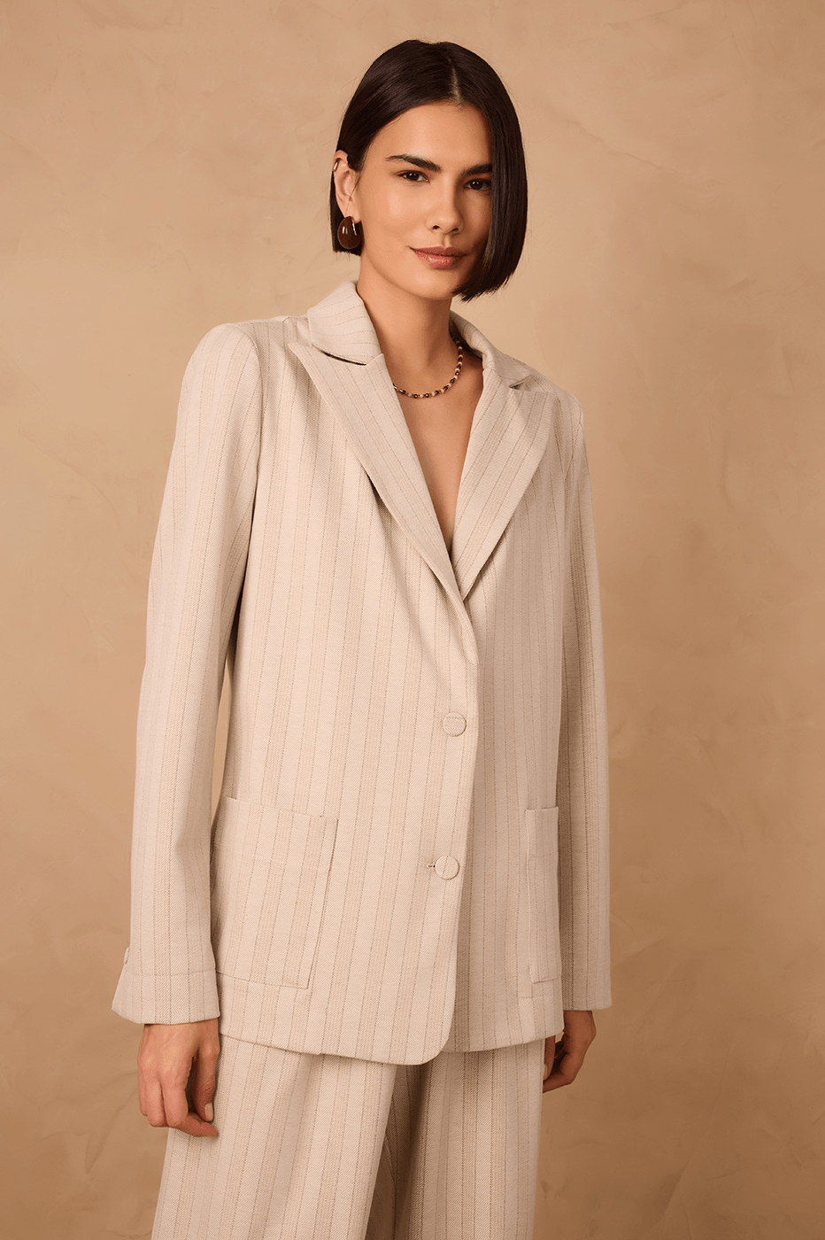 Beige Stripes Notched Lapel Tailored Linen Blazer