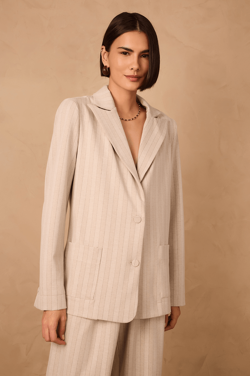 Beige Stripes Notched Lapel Tailored Linen Blazer_1