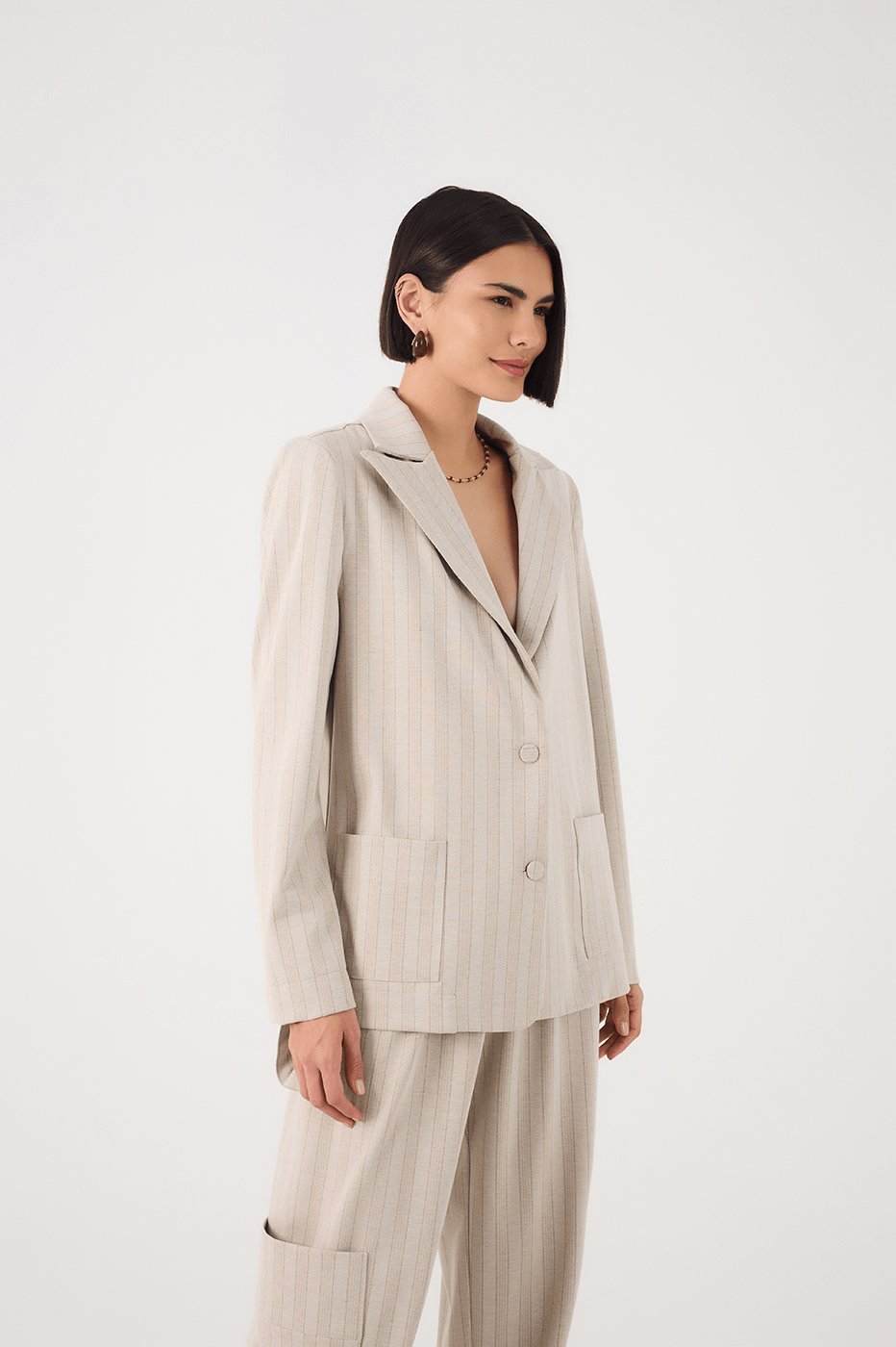 Beige Stripes Notched Lapel Tailored Linen Blazer