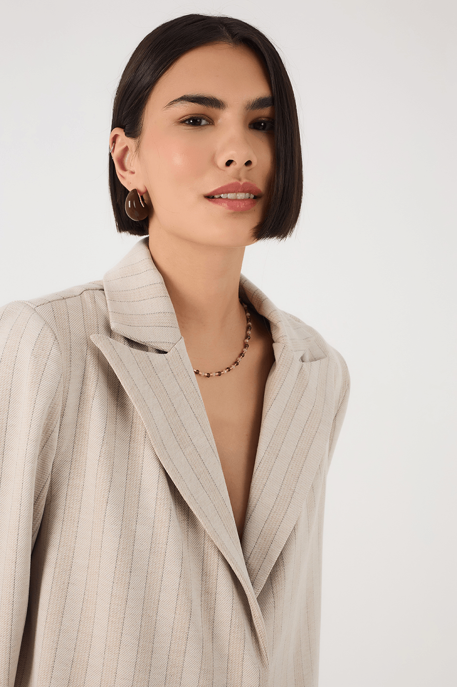 Beige Stripes Notched Lapel Tailored Linen Blazer