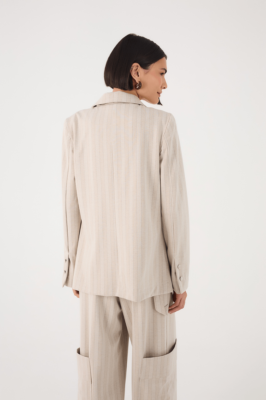 Beige Stripes Notched Lapel Tailored Linen Blazer